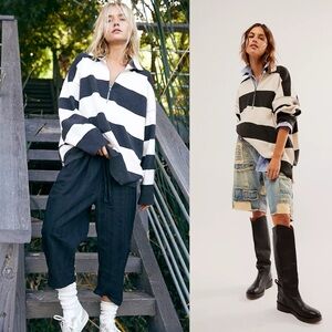 Free People Coastal Lines Stripe Quarter Zip Neck Long Sleeve Sweatshirt Medium